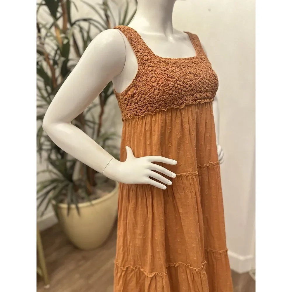 Lush Crochet Dress Women Sz S 4/6 Tiered Midi Ruffle‎ Trim Flowy Feminine Orange